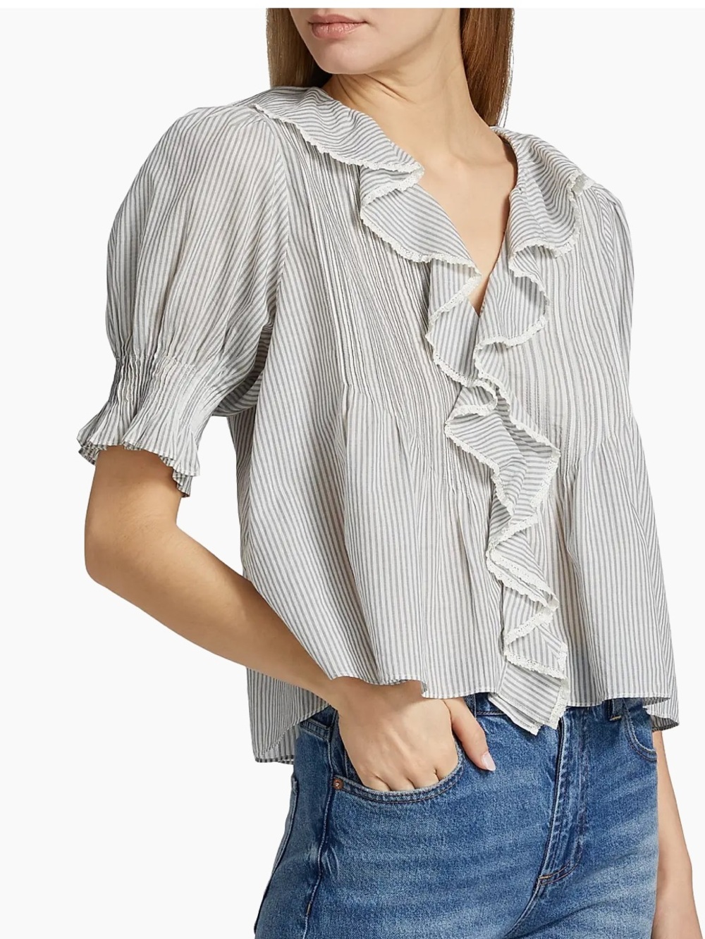 Doen inspired 100% cotton Light Blue Striped Ruffle Blouse